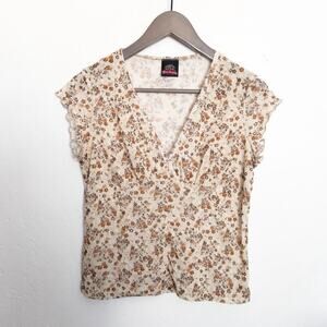 Vintage Y2k Divalicious Yellow Beige Floral V Neck Short Sleeve Top Medium Large